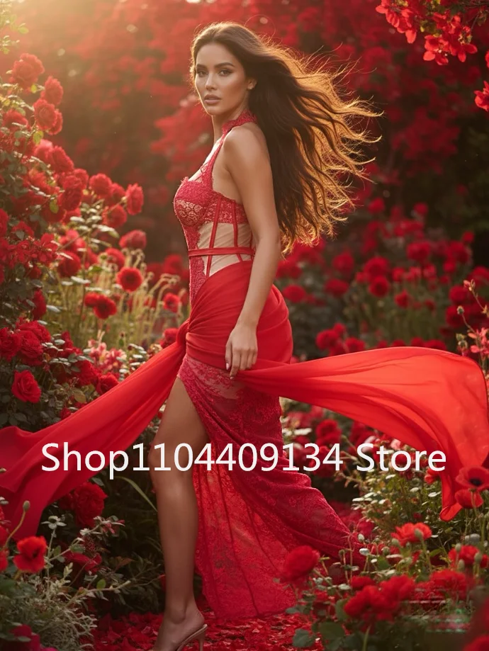 Robe de soirée longue de forme sirène, rouge vif, col licou, Corset en cœur, dentelle, mousseline de soie, froncée, robe de Gala de bal, personnalisée