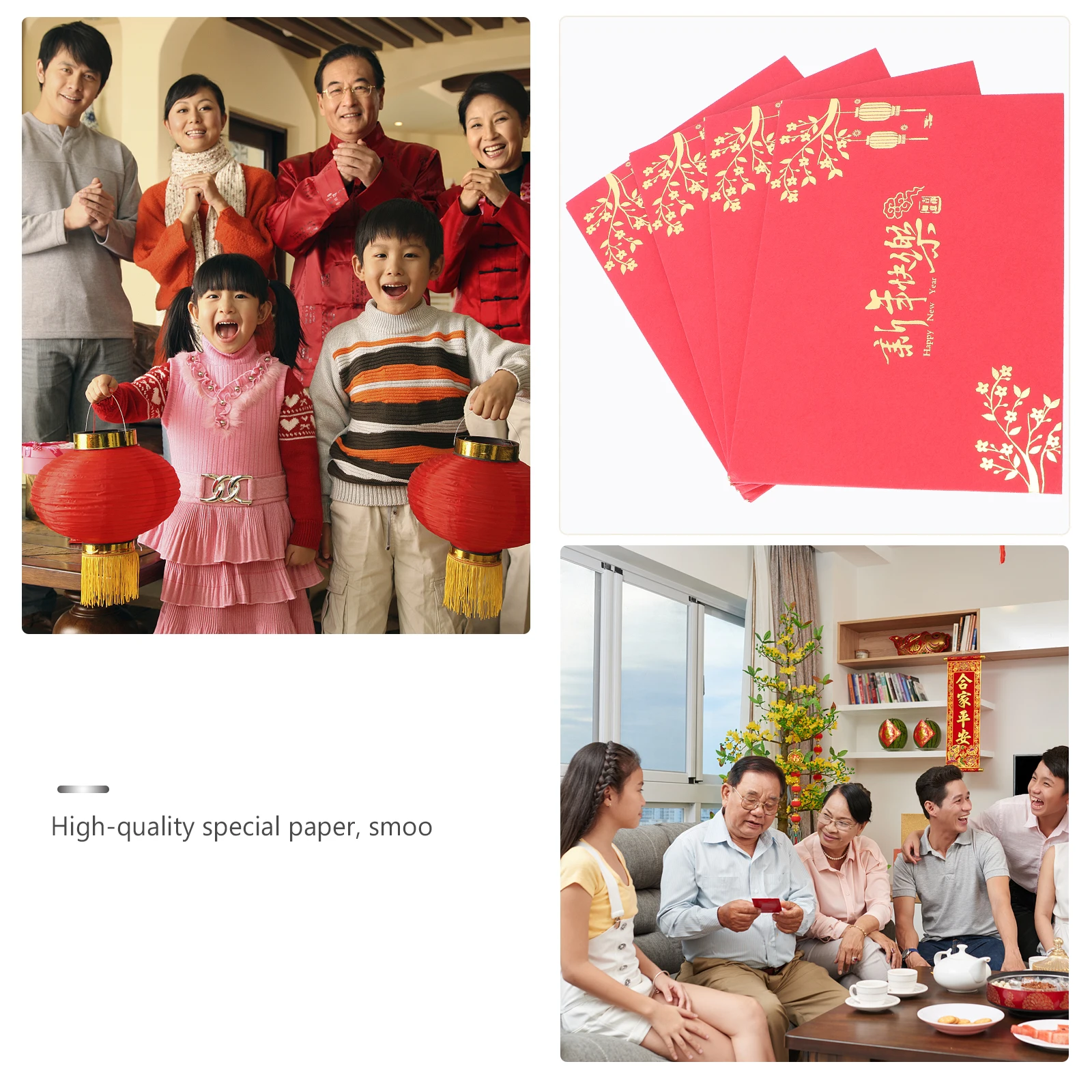 

4pcs New Year Greeting Cards Red Paper Craft Spring Festival Blessing Bronzing Holiday Gifts Blank Space Perfect Decor