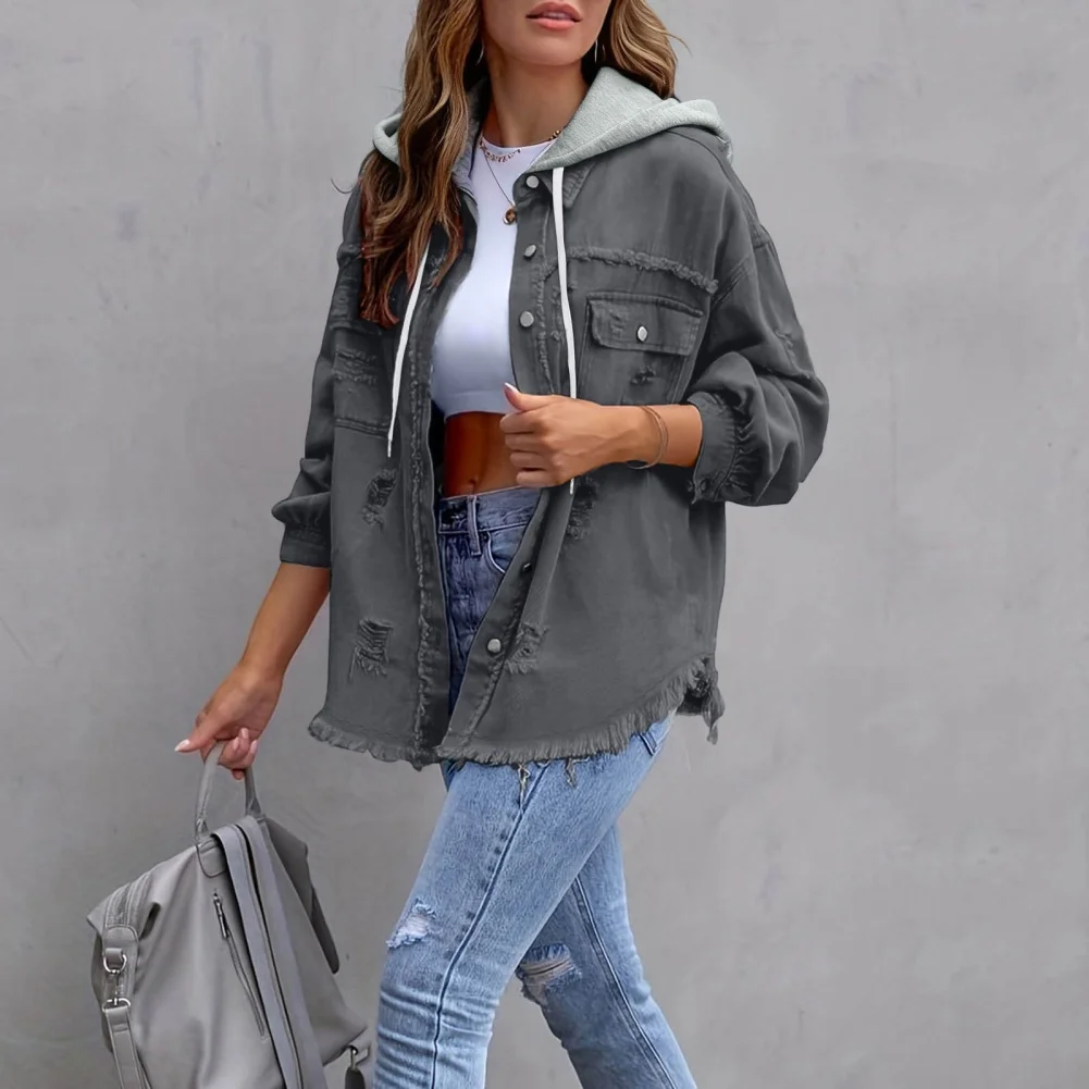 Polyester Womens Hooded Jacket Solid Color Loose for Fit Long Sleeve Summer Lightweight Jacket for Cycling Holiday