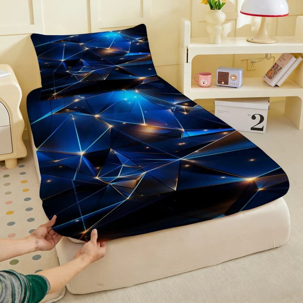 1pc 3D Deep Blue Starburst Crystal Fitted Sheet Deep Pocket Elastic Mattress Cover Single Double Queen King Bedroom Decor