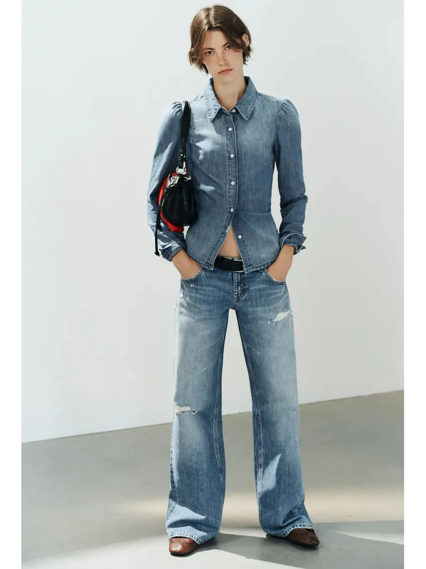 Low Waist Ripped Denim Shirt And Pants Set Long Sleeve Collared Fold Shoulder Design Fashionable Women's Autumn Outfit Polyes...