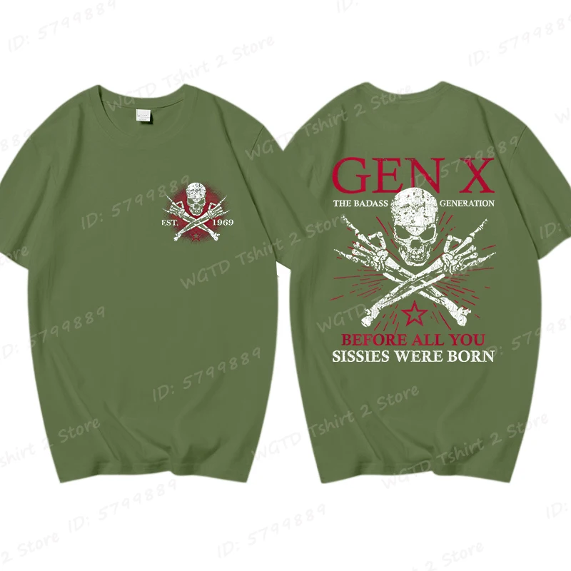 Funny Skull Gen X The Badass Generation T-Shirt Short Sleeve T-shirts Men's Streetwear Cotton Oversized Tees Funny Gen X Shirt