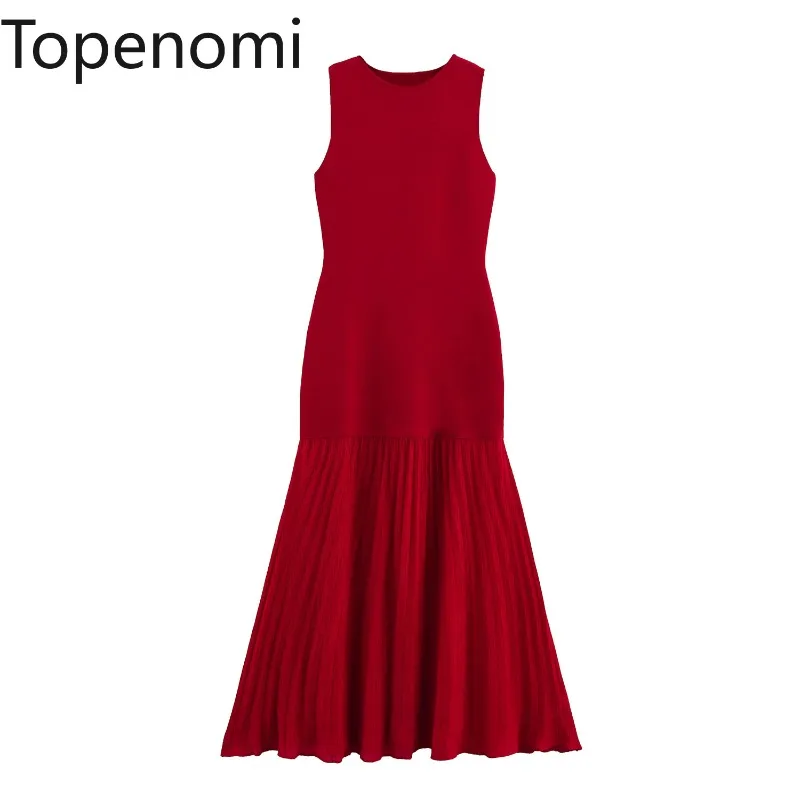 

Topenomi весеннее вязаное длинное платье без рукавов женское элегантное лоскутное плиссированное платье трапециевидной формы с круглым вырезом красное вечернее платье