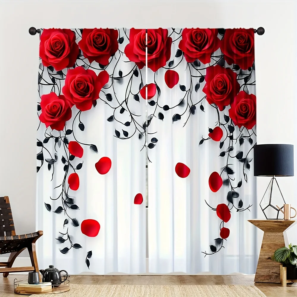Red Rose Curtains with Black Vines and Petals Romantic Floral Design Window Drapes for Living Room Bedroom Decor