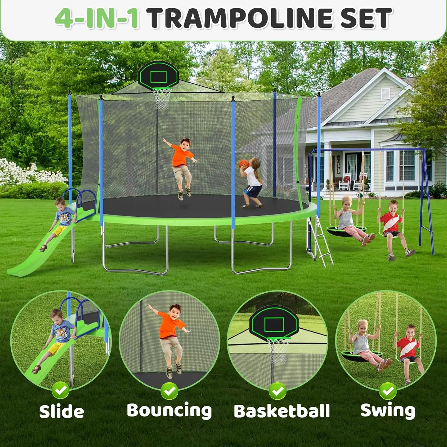 Trampoline Outdoor for Kids and Adults, Large Heavy Duty Round Trampoline with Basketball Hoop, Enclosure Net for Backyard, ASTM