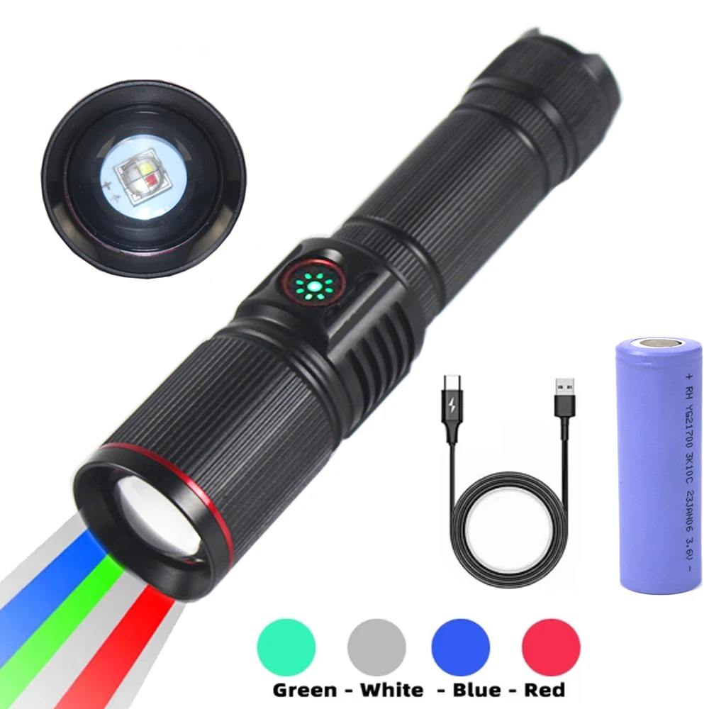 White+Green+Red+Blue 5 Modes Multi-color Outdoor Waterproof Type-C Charging Torch 4 in 1 Zoomable 21700 Hunting Flashlight