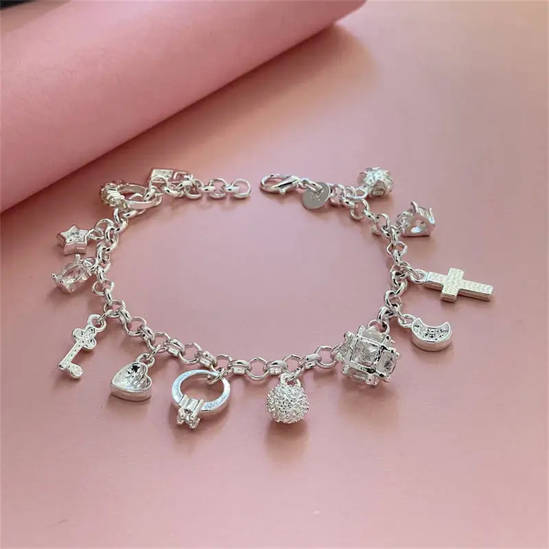 925 Sterling Silver Moon Heart Lock Cross Bracelet For Man Women Charm Wedding Engagement Fashion Jewelry