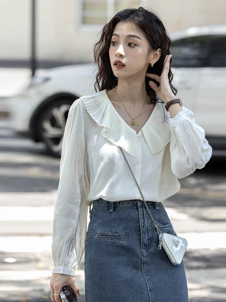 

Женская блузка Sweet Sle с плиссировкой в стиле аккордеон, воротником-стойкой, длинными рукавами, универсальная, на пуговицах, прямого кроя, однотонная