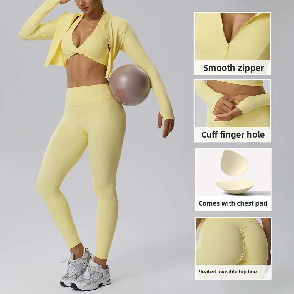 Women's Naked Body Shaping yoga Three Piece Set High Elasticity Breathable Quick Drying Tight Fitting Running Fitness Training