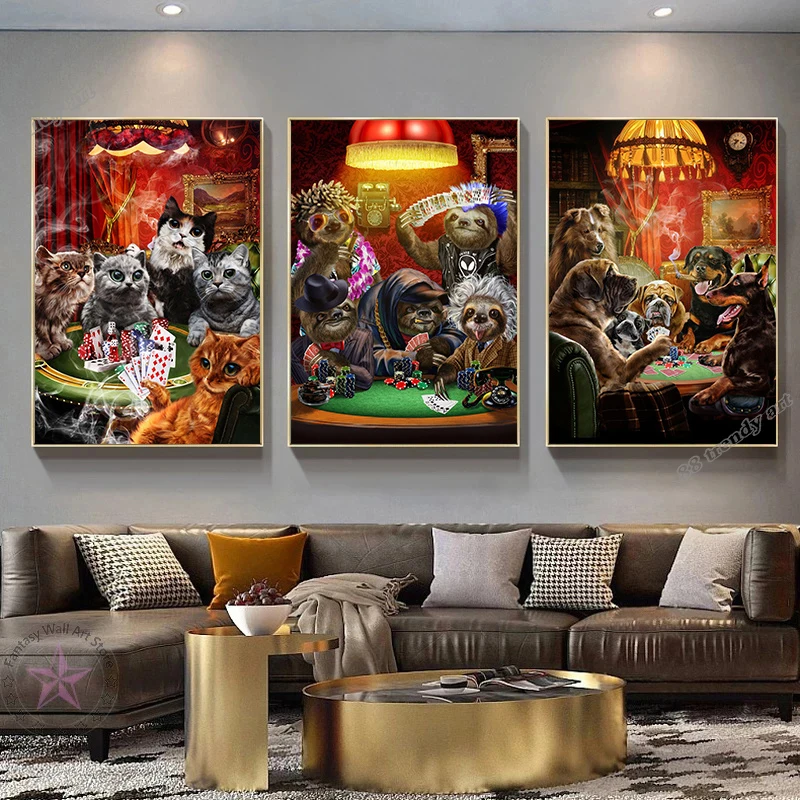 Funny Animals Party Posters Print Cat Dog Sloth Playing Poker Game Canvas Painting Poker Game Wall Art Picture Gambling Poster