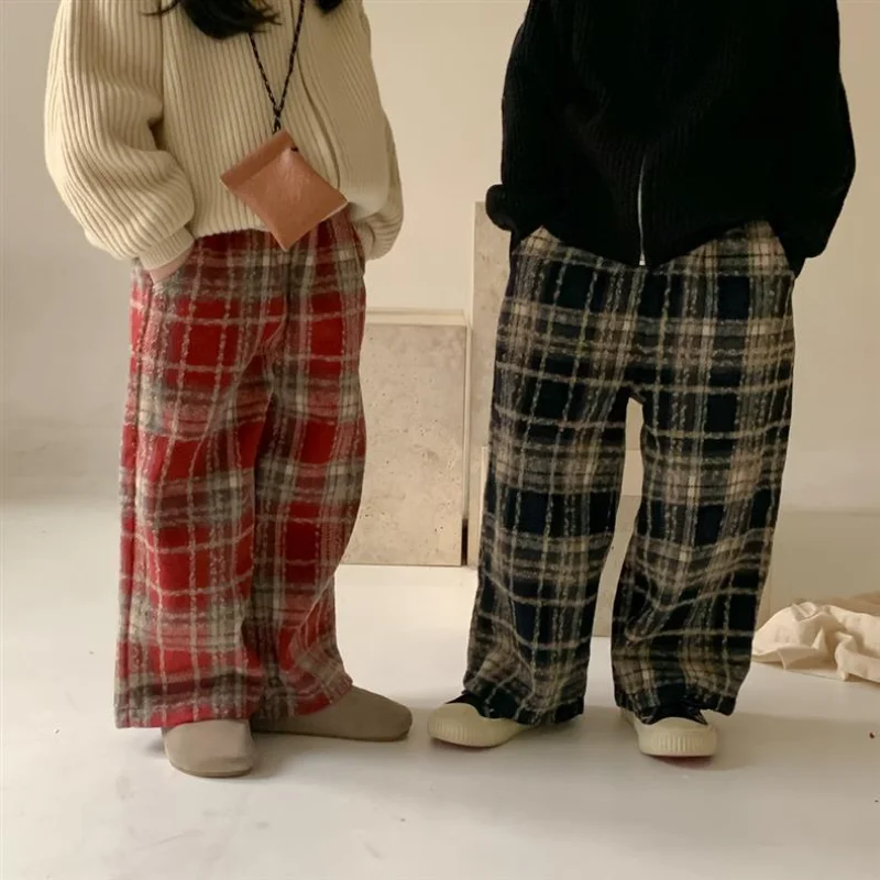 Kids Pants Plaid Printed Wide-leg Pants Winter Clothes for Girls Boy Clothes Boys Autumn and Winter Woolen Pants