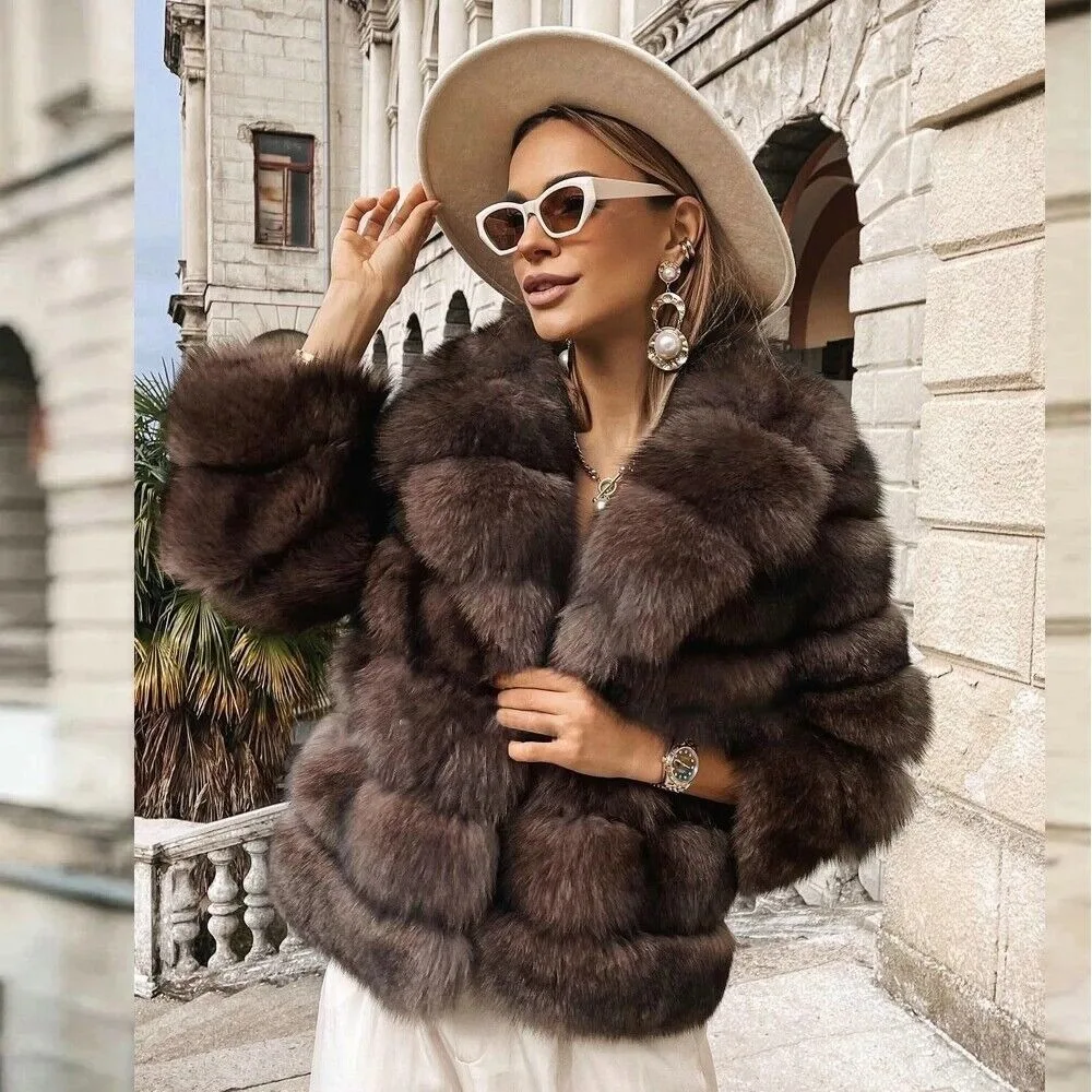 New Women Dark Sable Color Real Fox Fur Coat With Lapel Winter Warm Short Jacket luxurious authentic genuine fur coats outerwear