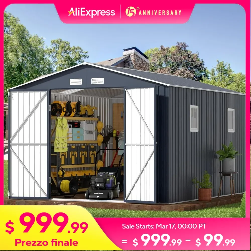 10 X 12 Ft Outdoor Storage Shed with Lockable Doors & Windows, Utility Tool Sheds for Patio Storages, Metal Garden Storage Shed