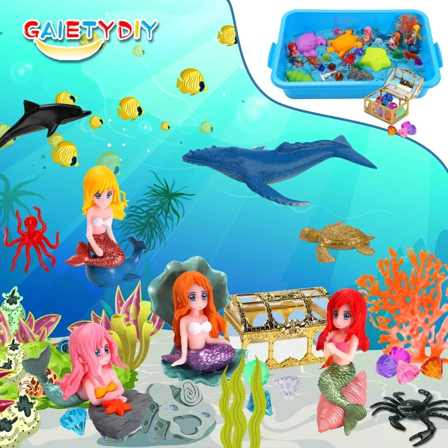 Contenedor sensorial de sirena para niña, Kit de arte de arena mágica con luz LED, arena sensorial de 2,2 libras, caja de arena de animales marinos y océanos con tapa, sirena