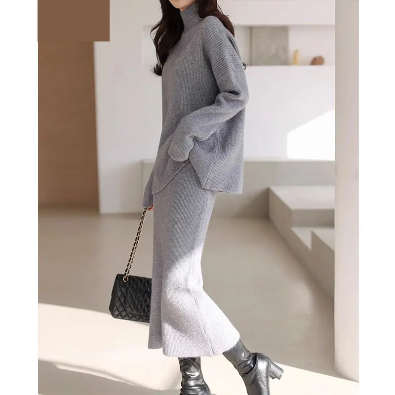 Autumn Winter Fashion Knit Skirt Korean Style Belted Midi Skirt Turtleneck Pullover Two Piece Skirt Cozy Elegant Sweater Skirts