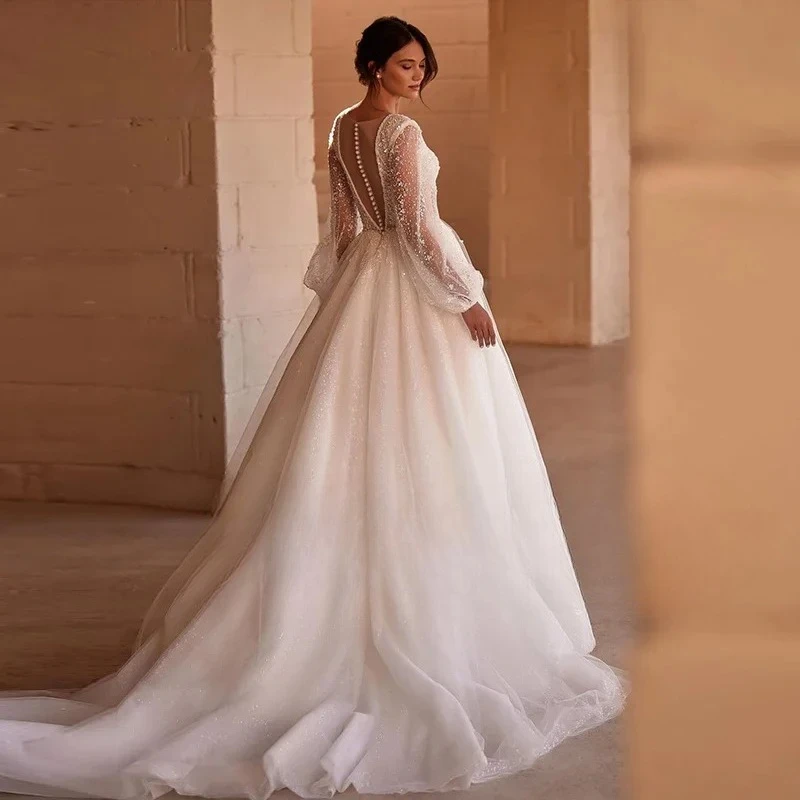 Luxury Wedding Dress Lace Embroidered with Beading A-Line Ball Gown O-Neck Full Sleeve Bride Button Vestido De Novia Customized