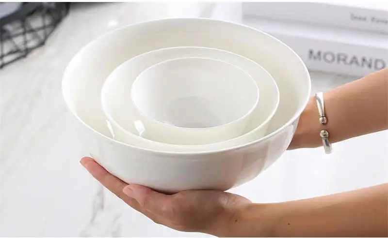 9 Inch, White Bone China, Big Ceramic Serving Bowl for Rice & Fish Salad, Delicate Container Food, Buffet and Dinner