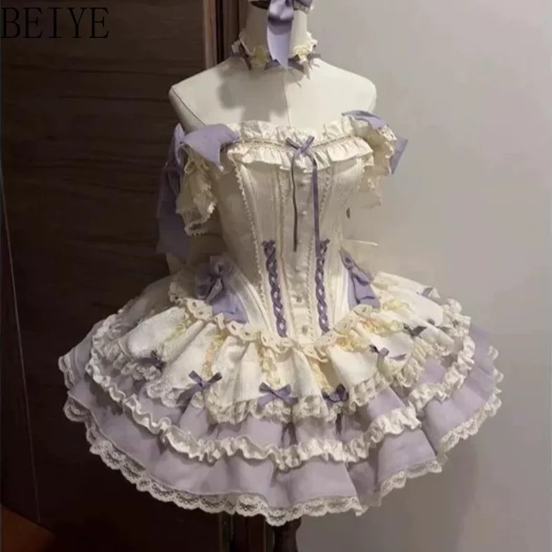 Purple Lolita Short Sleeve Dress Women Ballet Princess Dress Antique Short Lolita Dresses Female Summer Super Fairy Dress