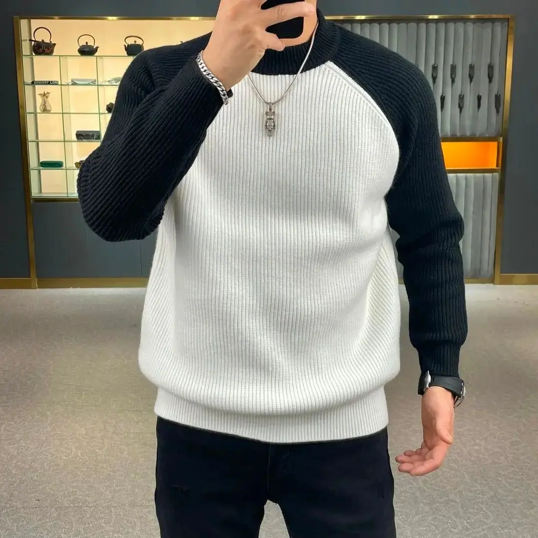 American Heavyweight Raglan Winter Contrasting Color Splicing Bottoming Shirt Long-sleeved Loose Round Neck Sweatshirt Sweater