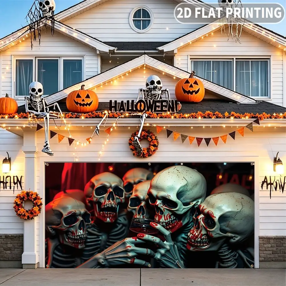 1pc 2D FLAT Halloween Party Garage Banner, Bloody Skulls Drinking Red Wine Pattern, No Power Need, for Garage Door Decor