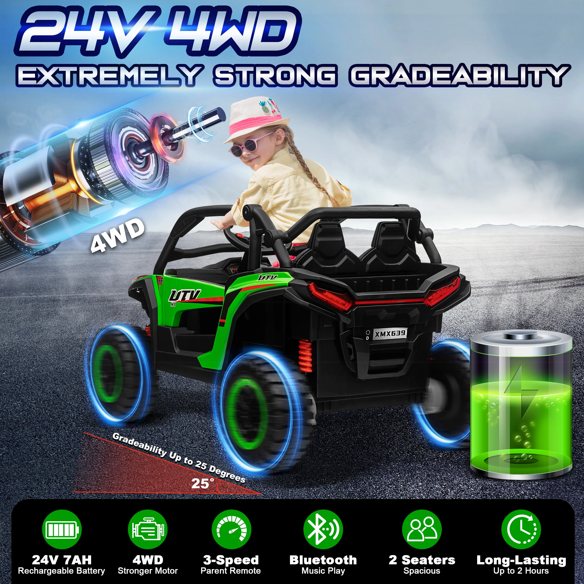 24V Ride on Car, 2 Seater XL 4X4 Off-Road UTV w/RMP2000W Powerful Motors, Remote Control, Bluetooth Music, LED Lights