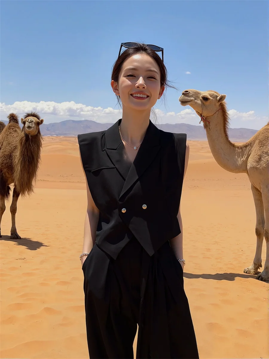 صدريات نسائية سترات نمط المال القديم قمة الخريف الأسود شيك الكورية خفيفة الوزن بلا أكمام زر متابعة الجبهة بسيطة الحديثة