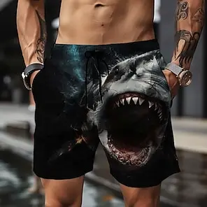 

Men's Shark Graphic Polyester Knit Sweatsuit Set - Casual Crew Neck Short Sleeve T-Shirt & Shorts Outfit With Slight Summer
