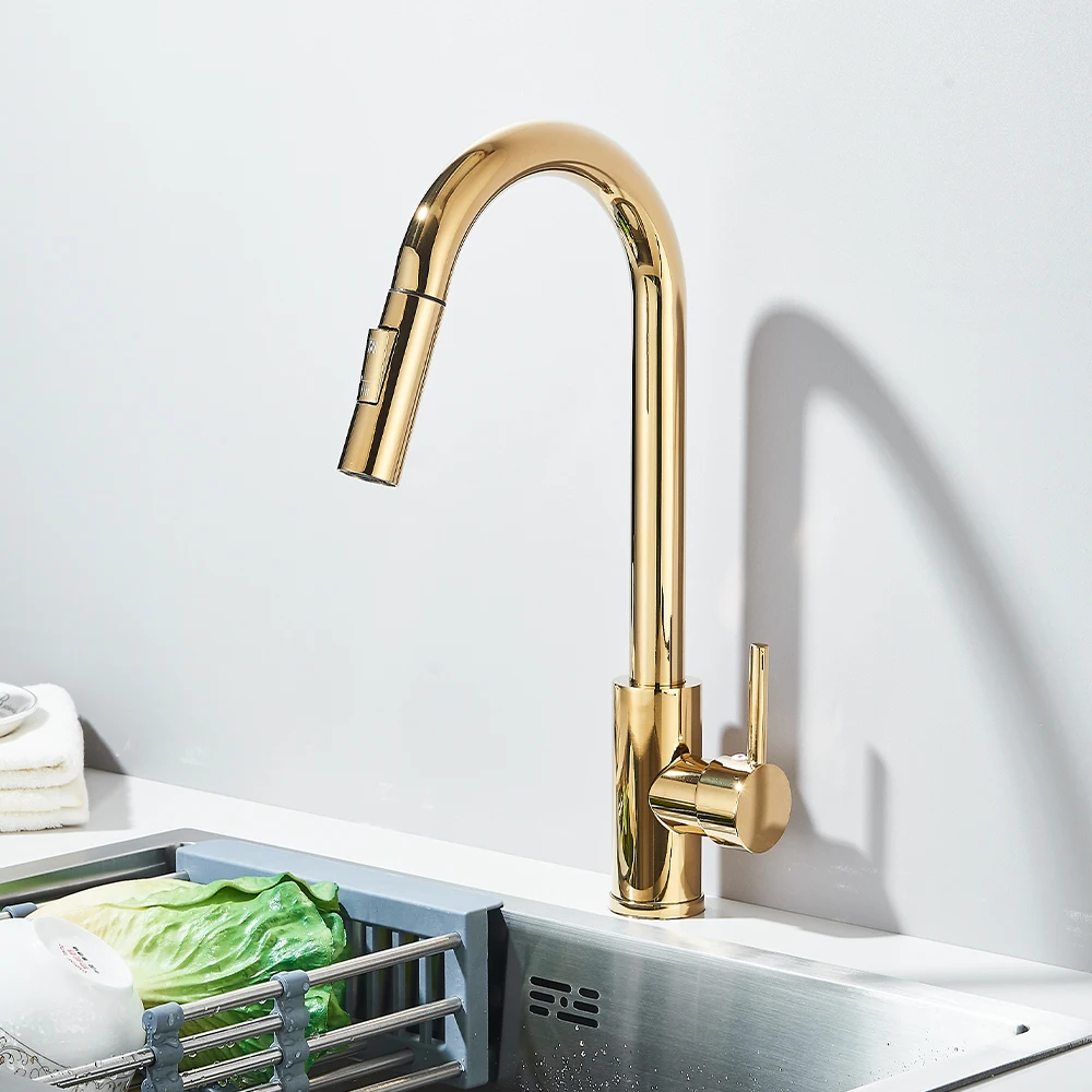 Polished Gold Kitchen Sink Faucet Pull Out Spout  Cold Hot Water Mixer Taps Deck Mounted