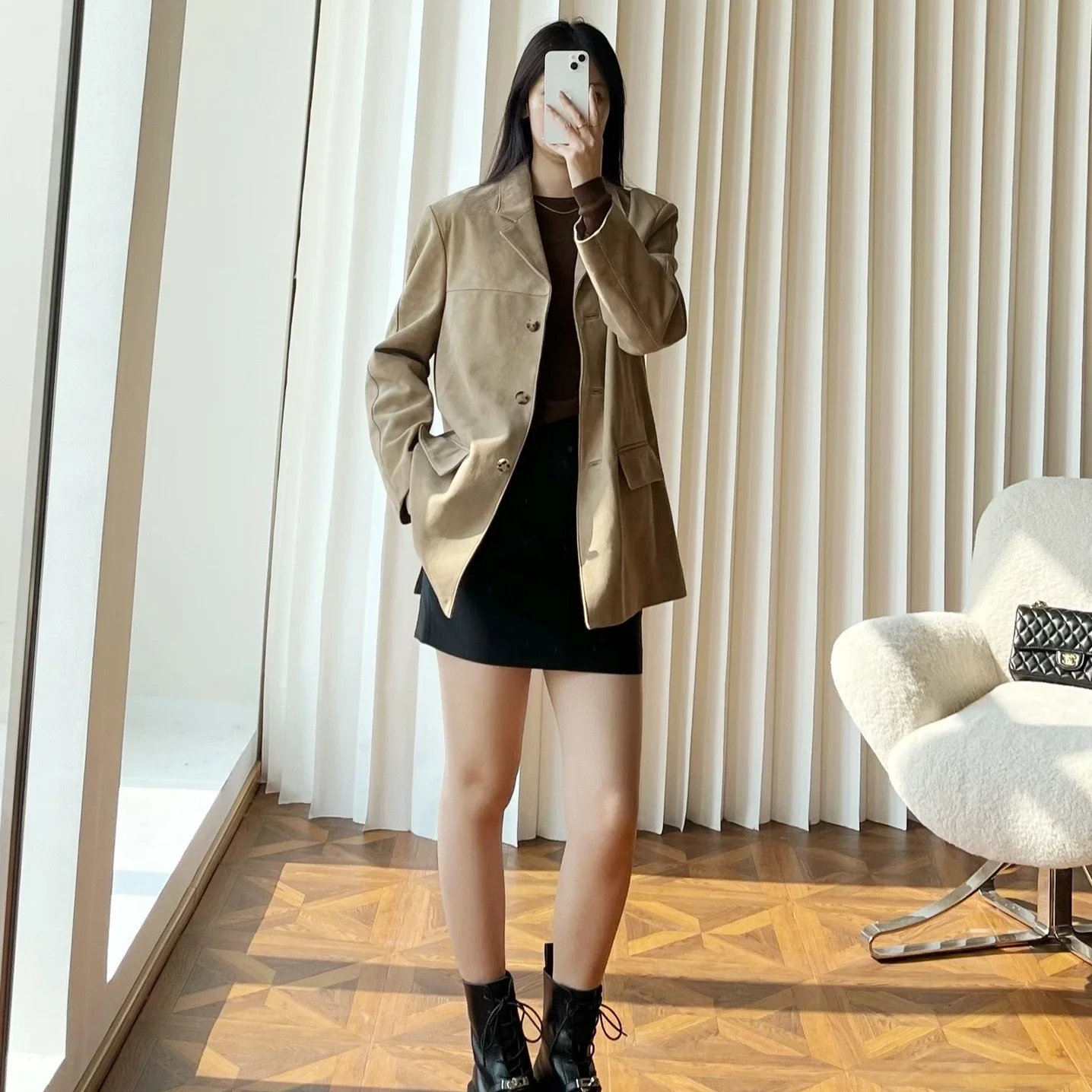 

Women's sheepskin blazer Maillard colorway Small lapel jacket Premium quality fine tailoring Sheepskin suede jacket 2024NEW