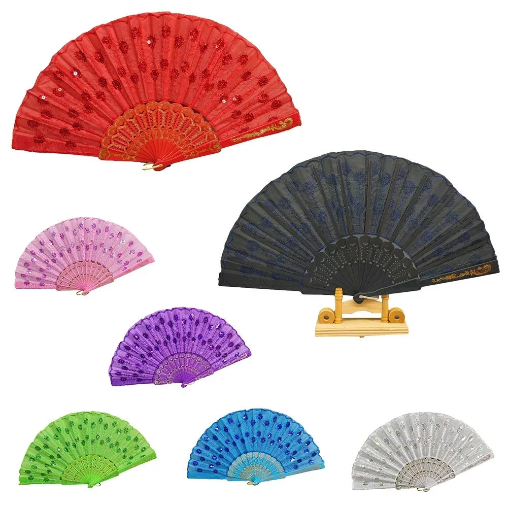 Multicolor Plastic Satin Silk Folding Fan, Hand Held Decoração, Estilo Espanhol, Novo Partido Chinês
