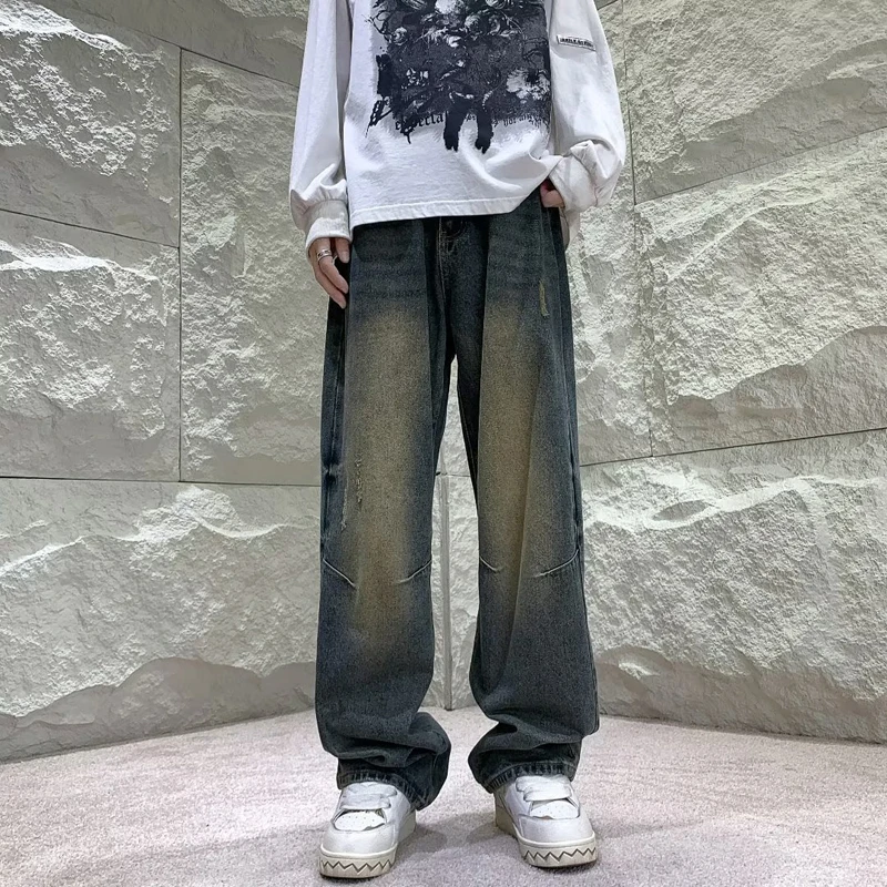 

Korean Fashion Straight-leg Denim Men's Baggy Jeans Classic All-match Solid Color Wide-leg Pants Male Light Trouers A139