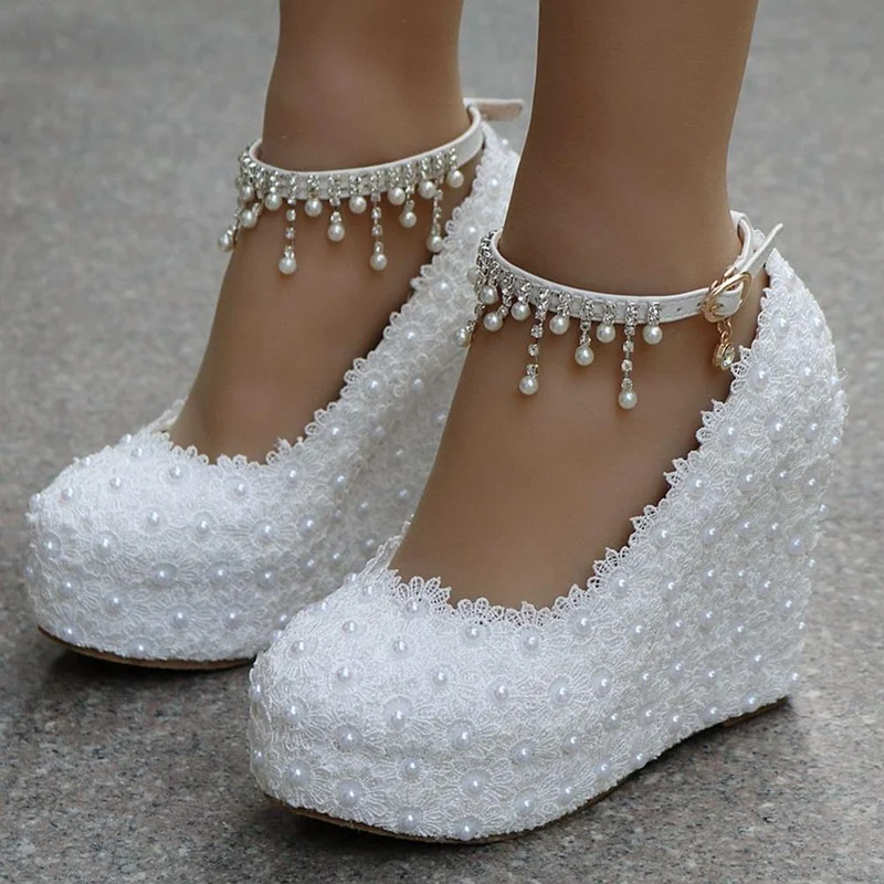 White Wedges Wedding Pumps Sweet White Flower Lace Pearl Crystal Platform Pump Classic Bride Dress High Heeled Ladies Shoes