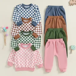 2024-06-29 Lioraitiin Girls Boys 2-piece Outfit, Plaid Long Sleeve Crew Neck Hoodie and Sweatpants Set Fall Clothes Set