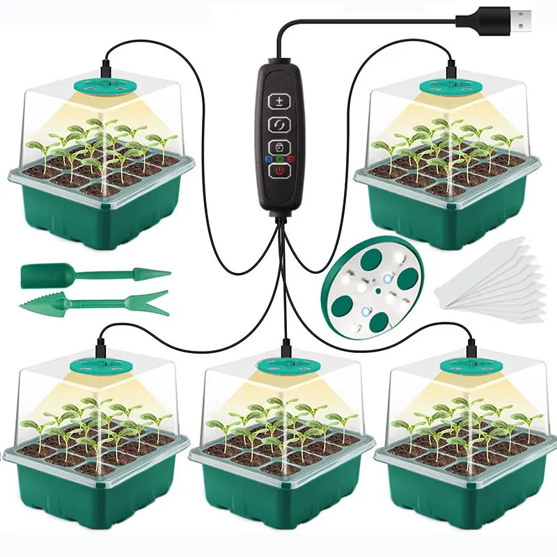 Dimmable Full Spectrum LED Grow Light with Seedling Plant Seed Starter Trays, Humidity Dome Greenhouse Growing Lamp Time Control