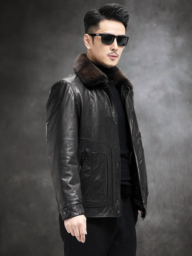 AYUNSUE Mink Fur Collar Genuine Leather Down Jacket Men Winter Waxed Top Layer Cowhide Leather Coat Detachable Down Liner 2026