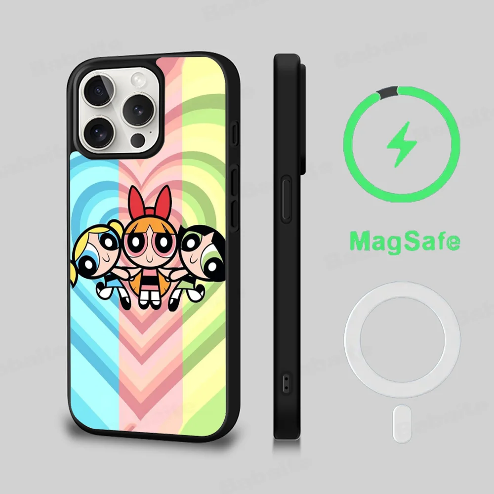 T-The P-Powerpuff G-Girls Cartoon Phone Case Magesafe Magnetic Wireless Charge Case For IPhone 16 11 12 13 14 15 Pro Max Plus