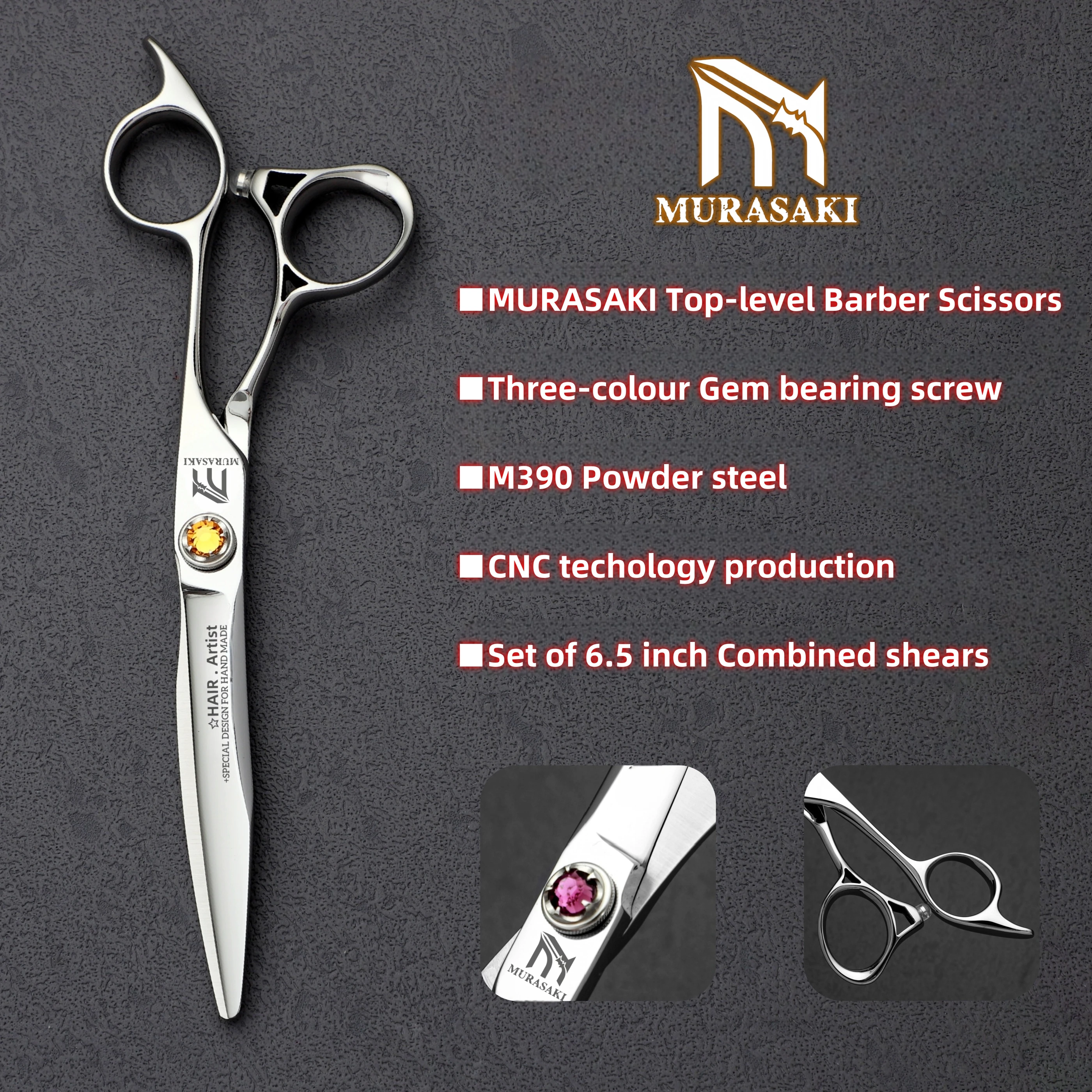 MURASAKI Professional hairdressing scissors，Top-level Barbershop accessories，M390 Powder-steel for 6.5 inch Hair cutting machine