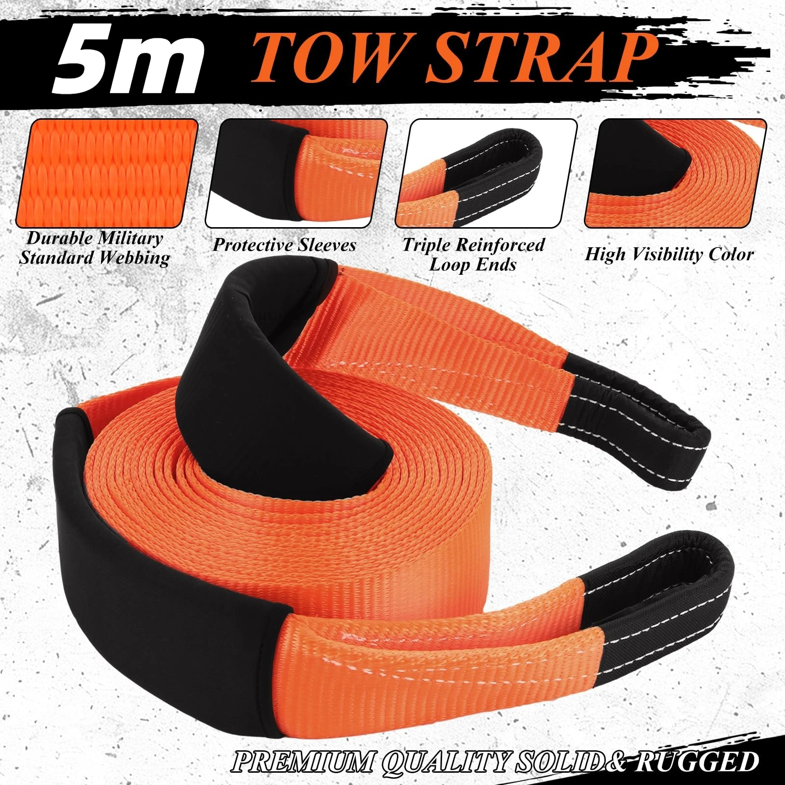 Tow Strap Recovery Kit 5cm Width 5m Towing Strap 5 Ton Break Strength Tree Saver Strap for Truck Jeep SUV ATV