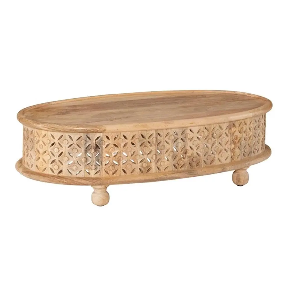 

Oval Solid Mango Wood Coffee Table Hand Carved Lattice Spherical Feet Farmhouse Boho Living Room 42x23x12in,Customized