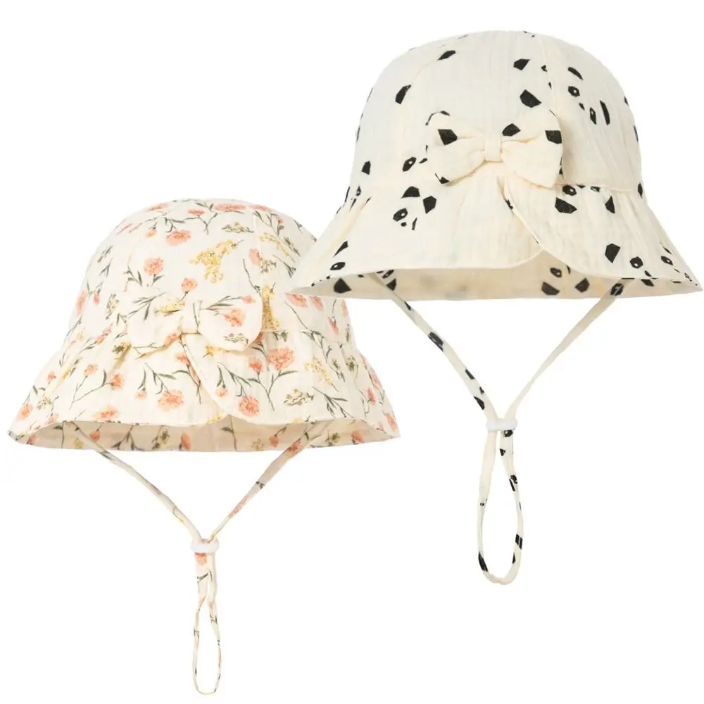 Korean Bow Design Girls Bucket Hat Adjustable Printed Baby Caps Sun Protection Soft Baby Fisherman's hat 0-1 Years Old