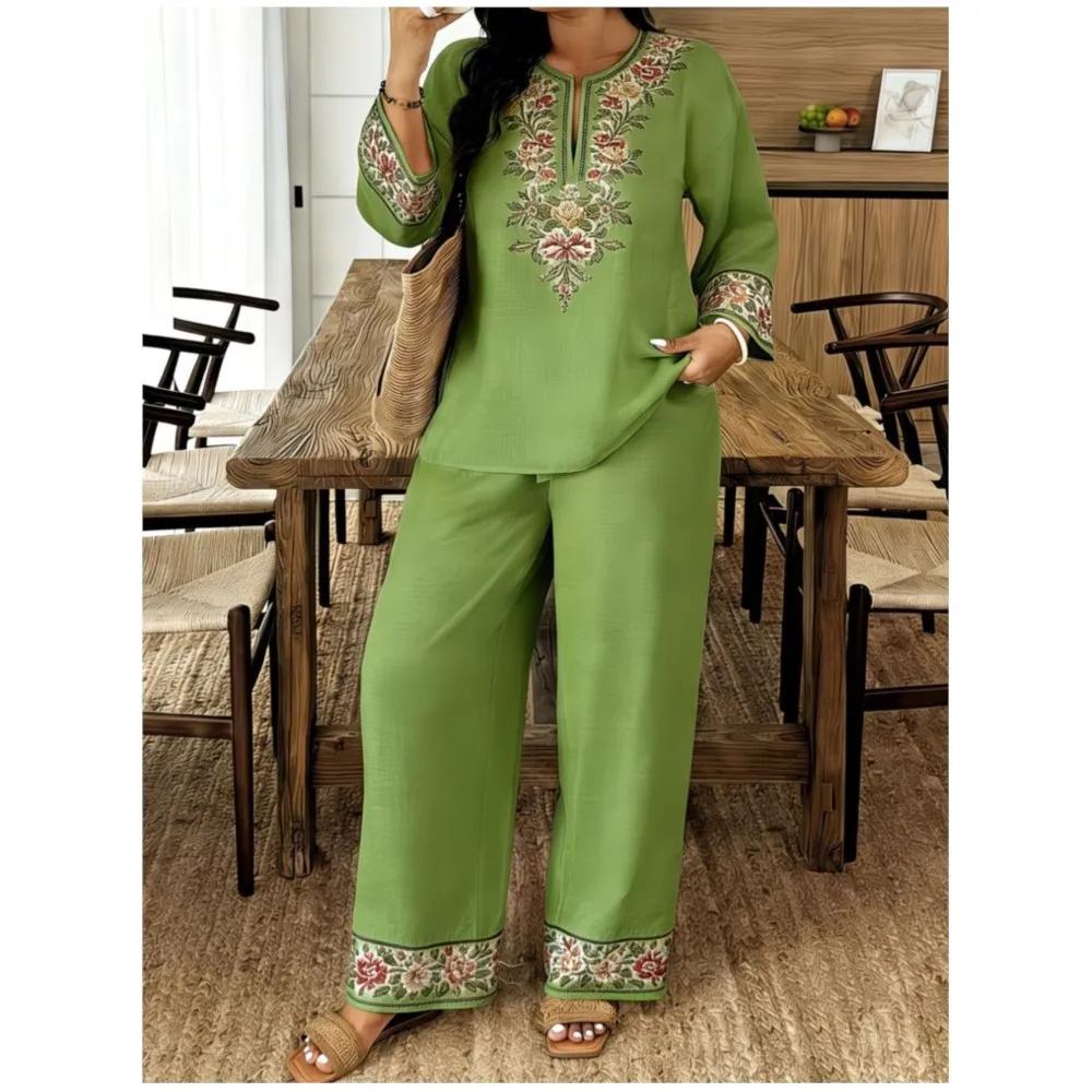 

Fashion Retro Printed Long-sleeved O Neck Shirt And Trousers Women's Suit Autum Loose Simple Ethnic Female Trousers 2-piece Set