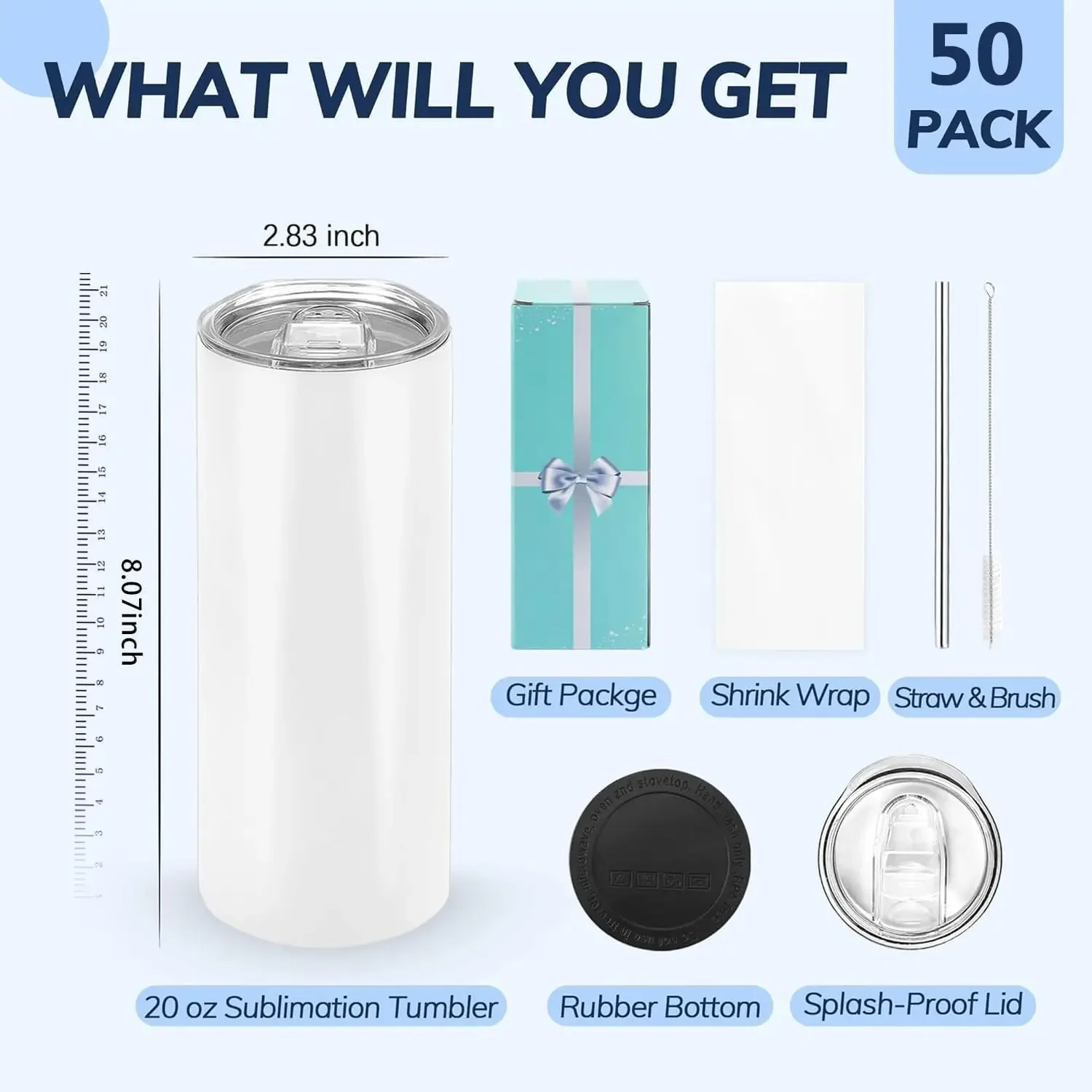 Sublimation Tumblers 20oz 50Pack Skinny Straight Tumblers with Gift Box | Flat Bottom Insulated Double Wall Vacuum Tumbler Cups