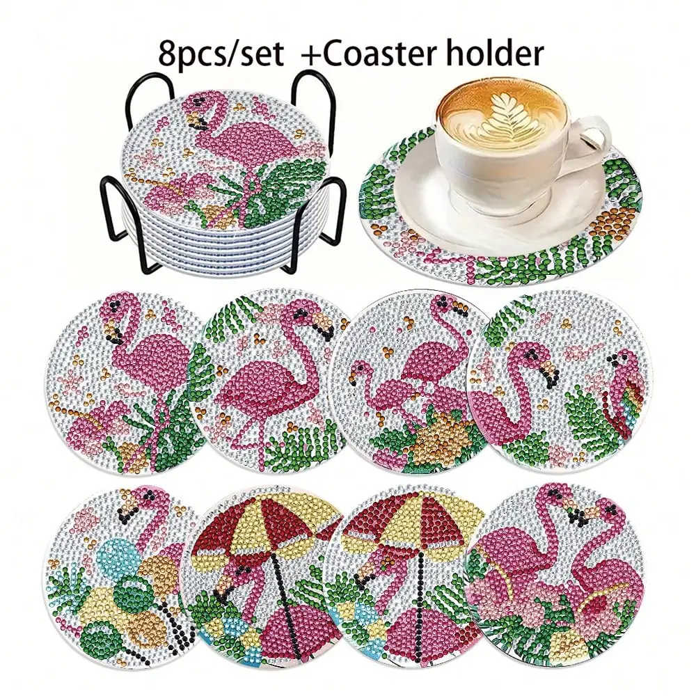 

8pcs Diamond Art Coasters With Stand + 8pcs Soft Cork Pads, DIY Diamond Art Coaster Series, Suitable For Adult Sewing 5D DIY And Beginner Diamond Painting Kits, Diamond Craft Supplies, Exquisite Gift For Friends