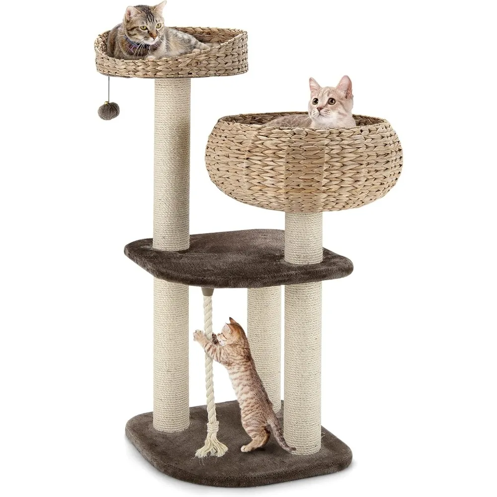 

Modern Cat Tree for Indoor Cats, Small/Tall Cat Tower with Natural Sisal Scratching Post, Hand-Made Wicker Cat Condo &