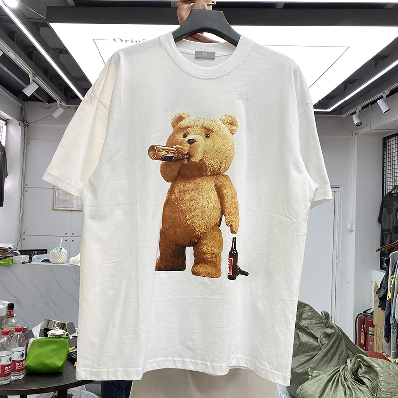 

Street Sle Fun Bear Print Yellow Casual Loose round Ne ort Sve T-irt ex Summer Faion Simple Creative Tee