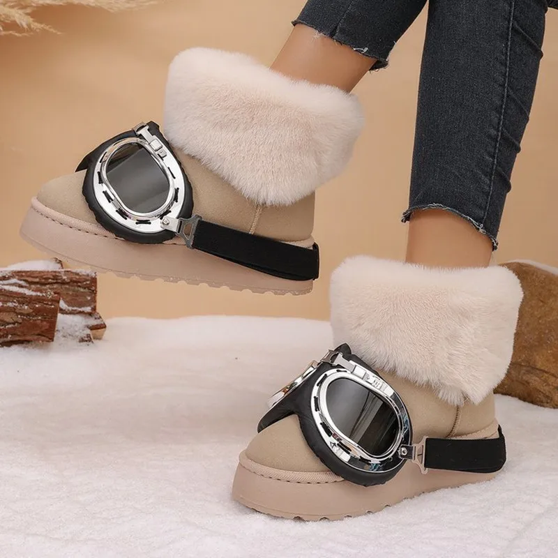 2026 Winter Glasses Decor Thick Soled Comfort Women's Snow Boots New Fashion Fleece Lined Warm Round Toe Casual Boots for Women