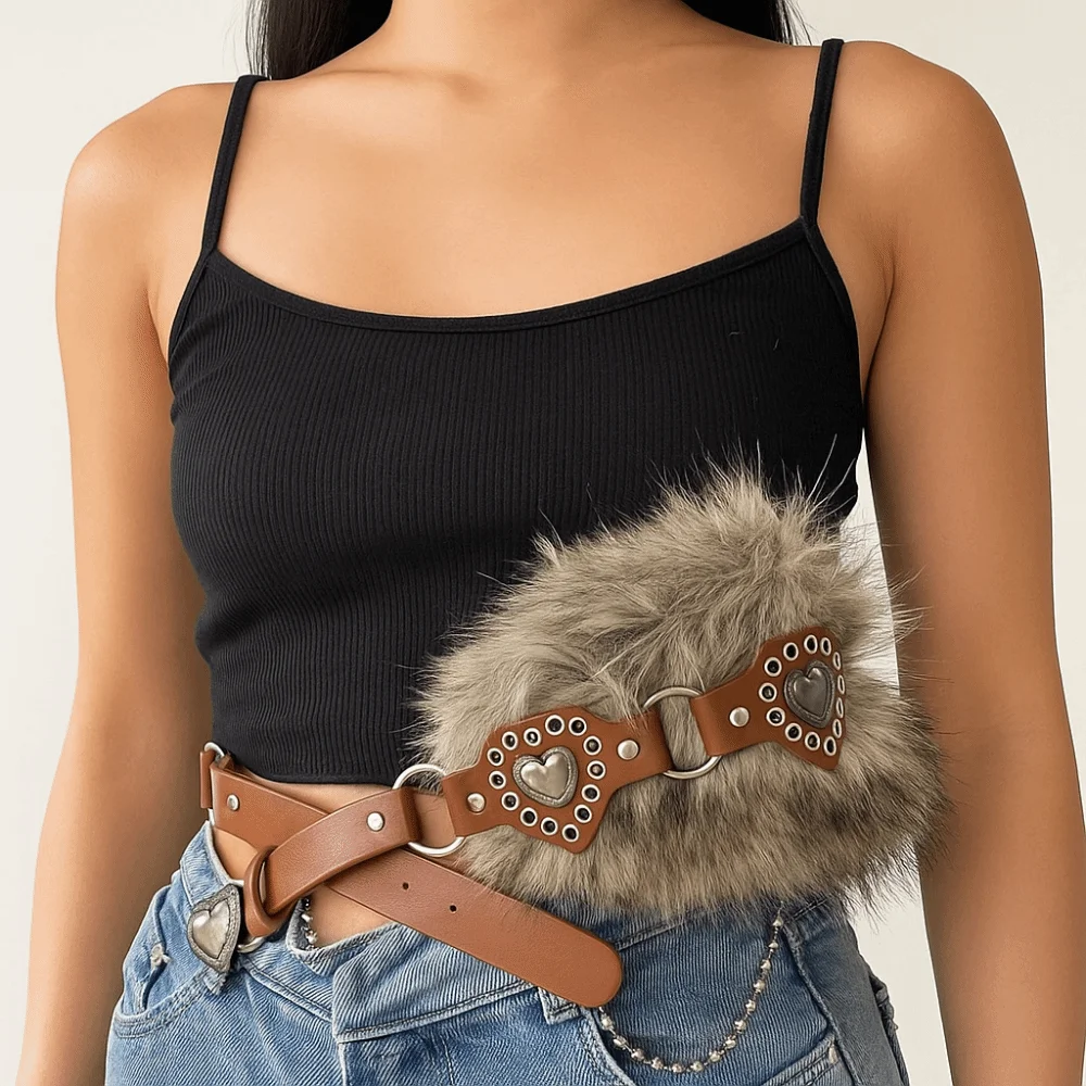 

Personality Patchwork Heart Leather Fur Belt Faux Fur PU Leather Belt Korean Style Versatile Furry Waistband Daily