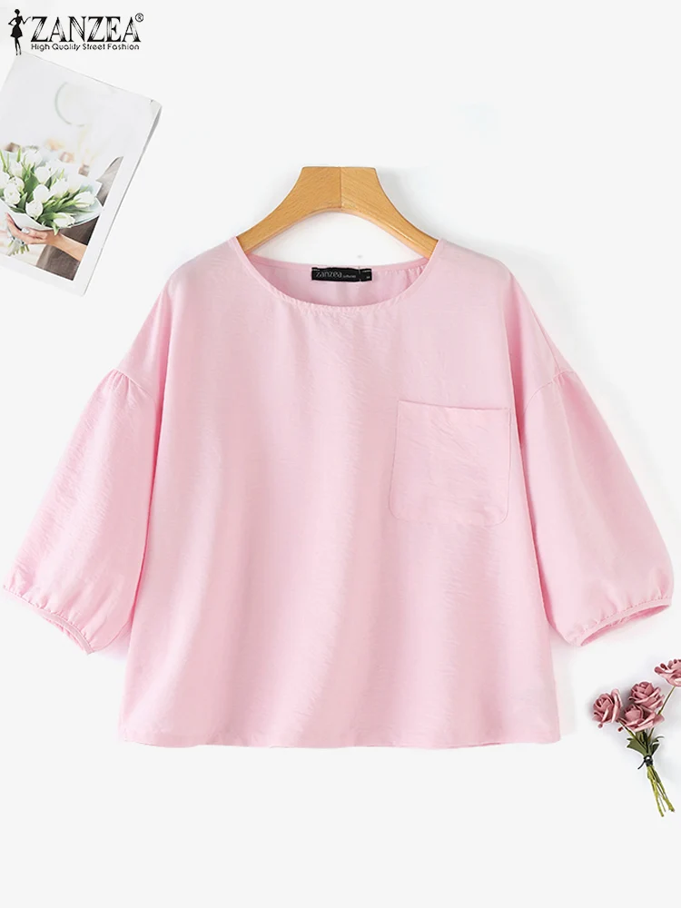 ZANZEA Women Summer O Neck 3/4 Sleeve Blouse Casual Solid Tops Elegant Work Shirt Female Loose Tunic Fashion Party Blusas 2024