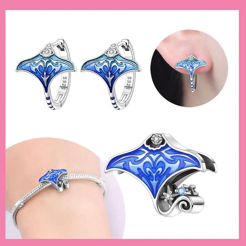 925 الفضة الاسترليني الأزرق المحيط العالم مانتا راي مطرز القرط مجموعة مجوهرات الزفاف الذكرى مجوهرات هدية للنساء