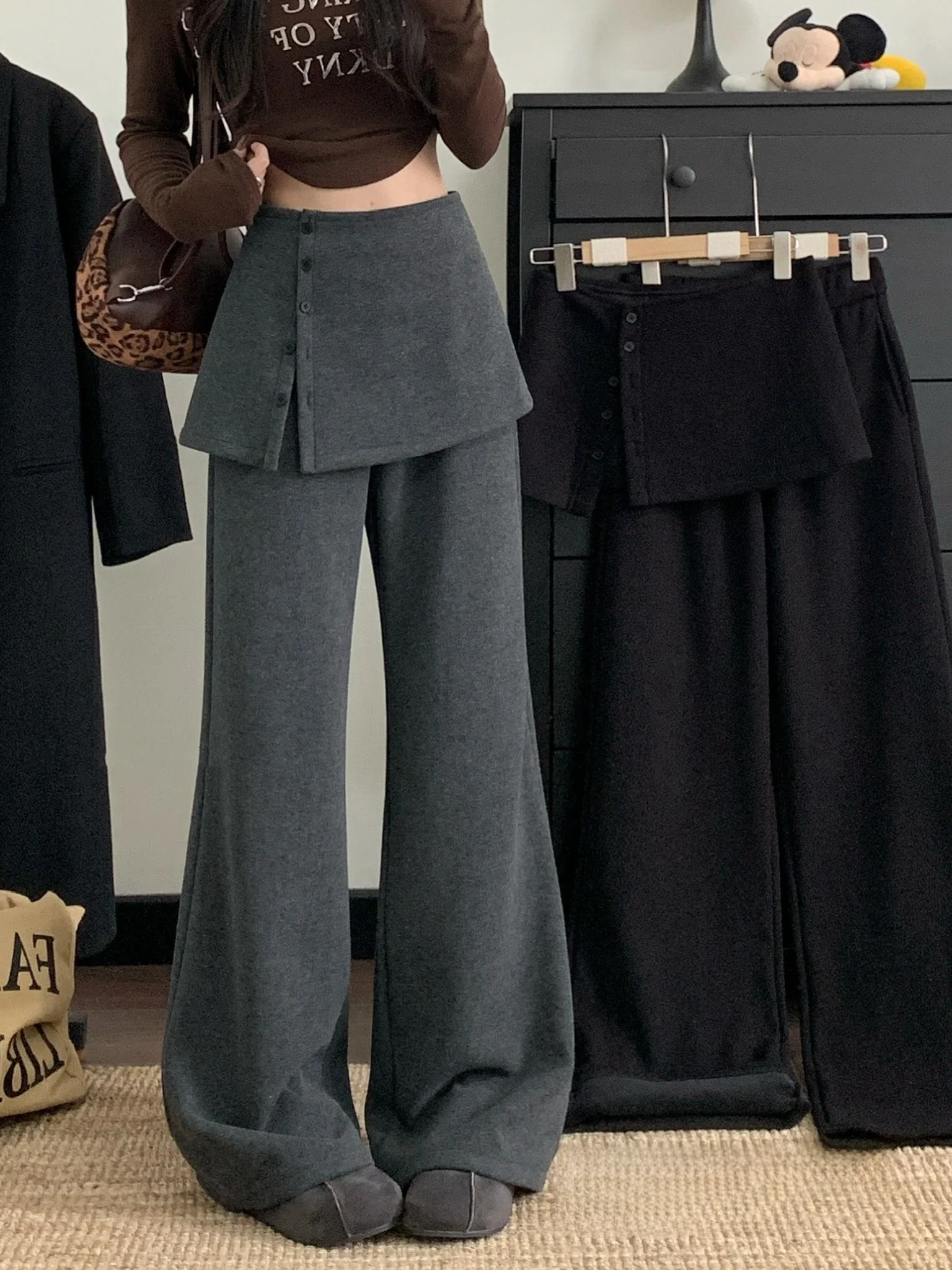 

Slimming High Waist Flared Pants Women's Autumn Winter Fleece Casual Skirt Pants Detachable Bum Curtain Two-Way Wear Wide Leg...